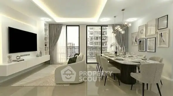 Luxurious modern living room with elegant dining area and large windows offering city views.