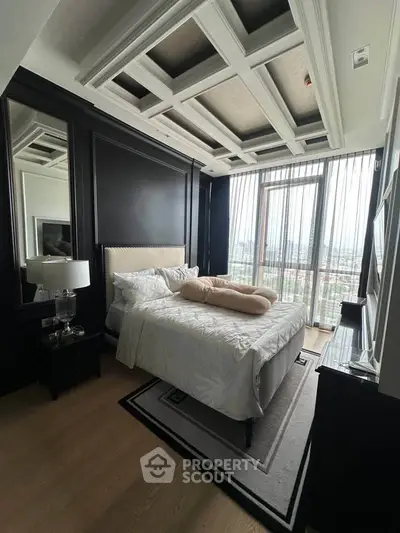 Luxurious bedroom with elegant decor and stunning city view through large windows.