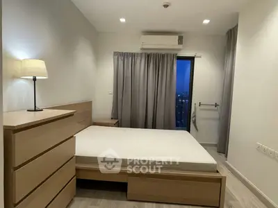 Modern bedroom with minimalist design and city view window