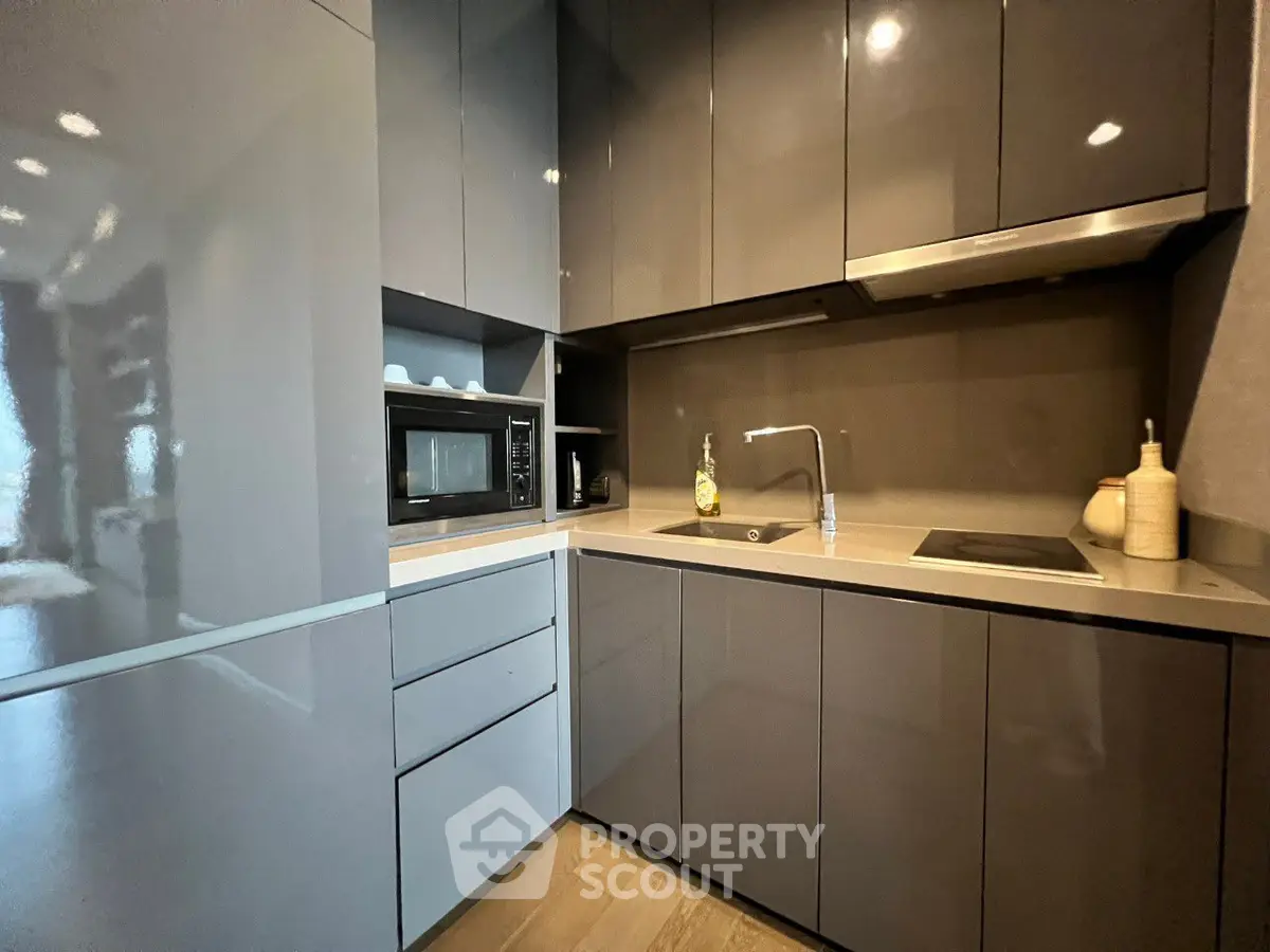 Modern kitchen with sleek cabinetry and built-in appliances in a compact layout.