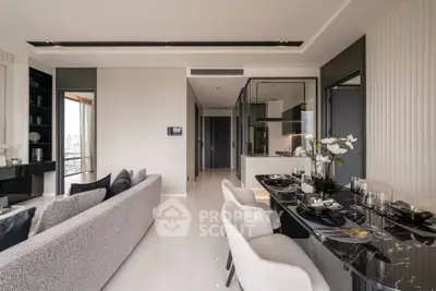 Luxurious modern living room with open kitchen and elegant dining area, featuring sleek furniture and panoramic city views.