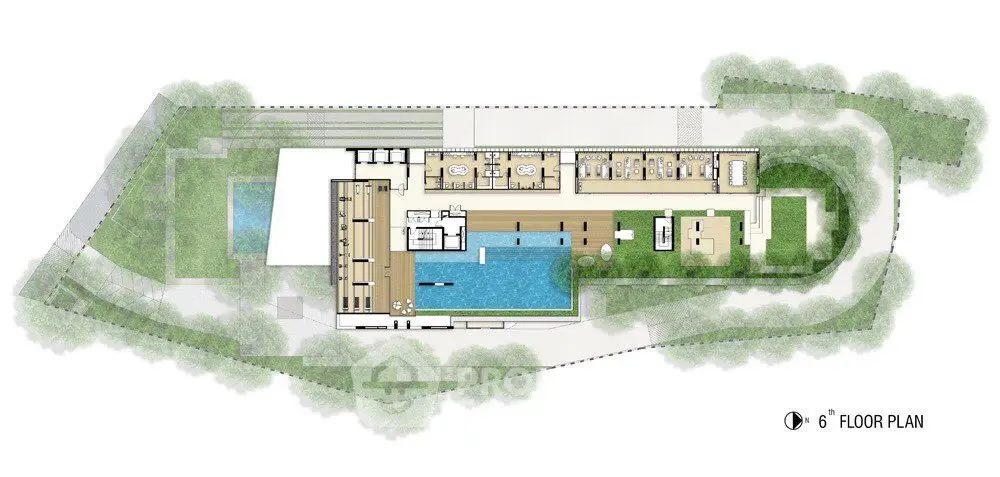Architectural floor plan of a modern building with pool and green spaces.