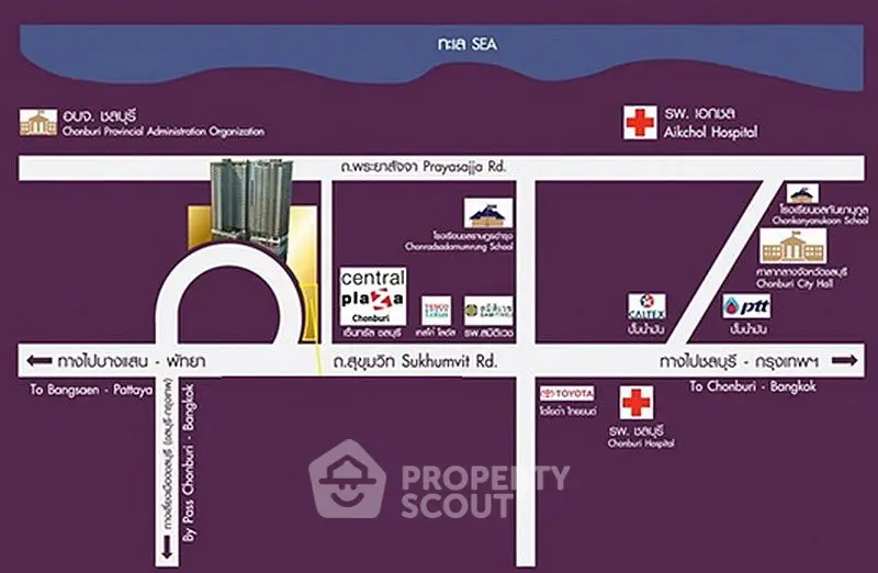 Map showing location of Central Plaza Chonburi and nearby landmarks.