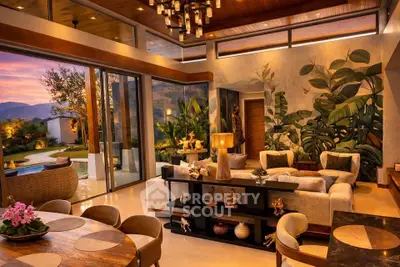 Luxurious living room with modern decor and stunning garden view at sunset