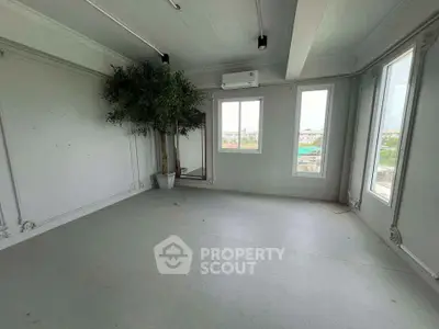Spacious empty room with large windows and decorative plant, ideal for customization.