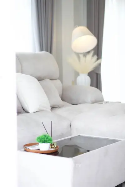 Elegant living room with plush sofa and modern decor, perfect for relaxation and style.