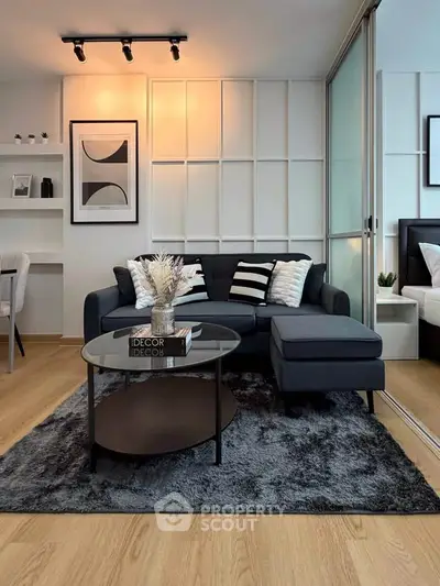 Modern living room with stylish decor and cozy seating area