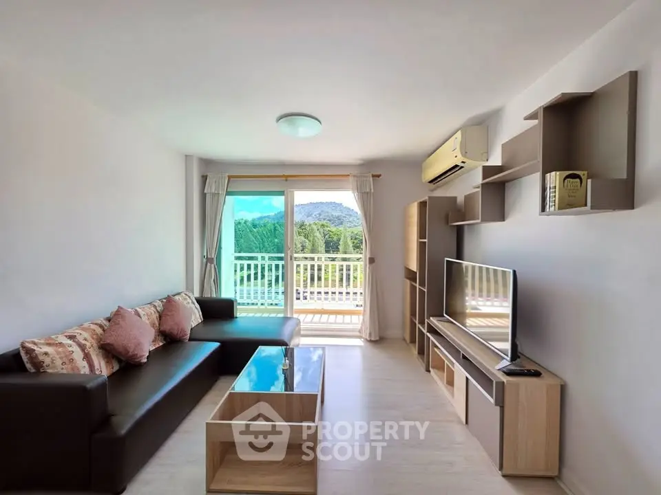 Modern living room with mountain view and stylish furniture