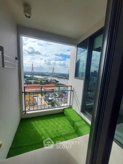 Stunning balcony with artificial grass and panoramic city view