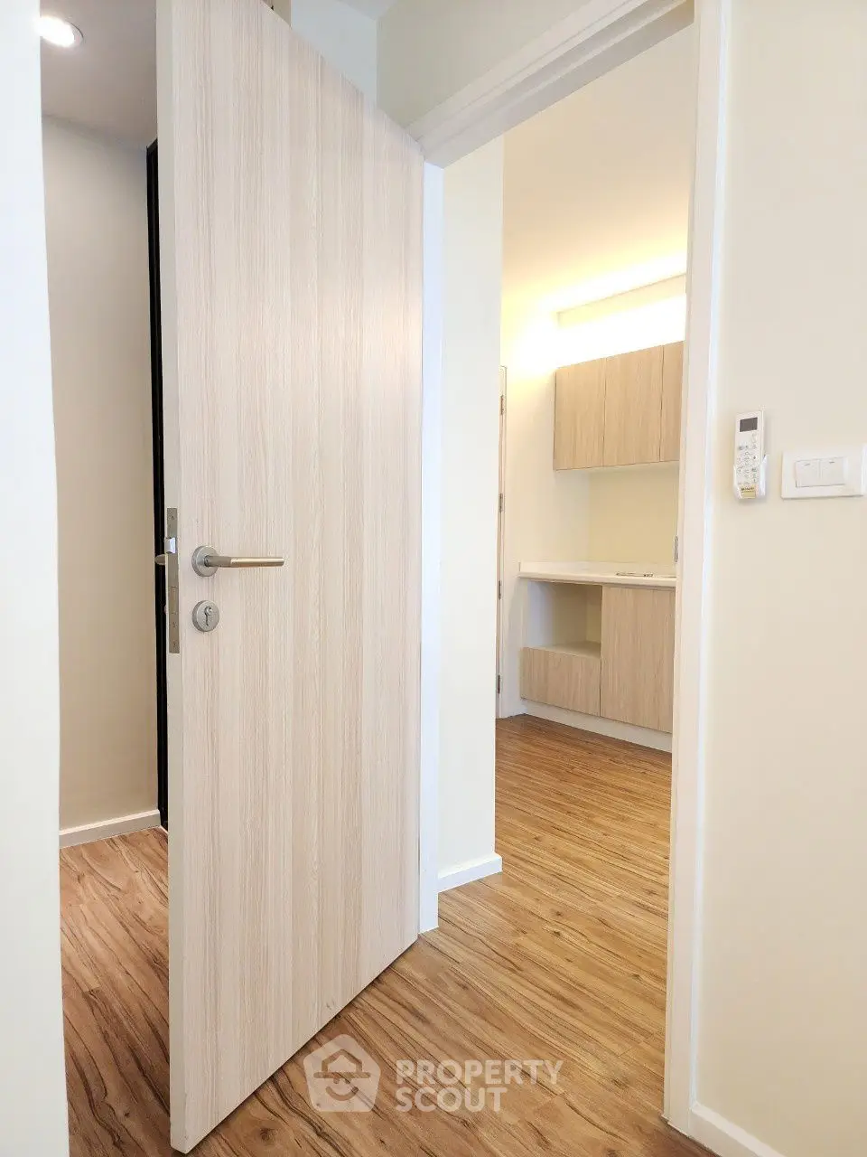 Modern interior with wooden flooring and open door leading to a well-lit room.