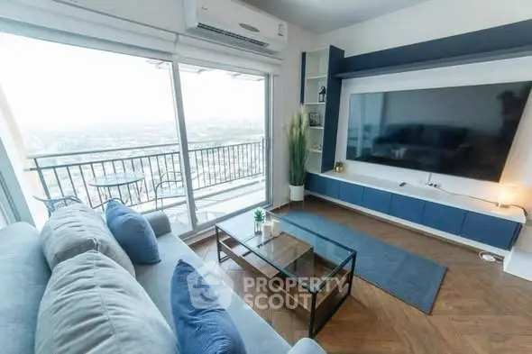 Modern living room with panoramic city view and stylish decor