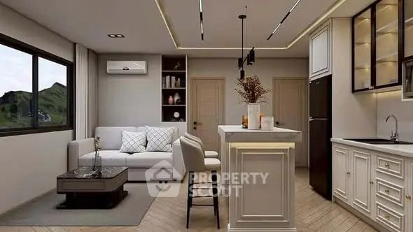 Modern open-layout kitchen and living room with stylish decor and mountain view.