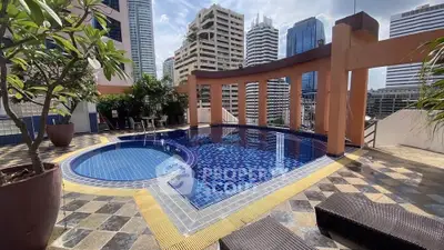 Luxurious rooftop pool with stunning city views in a high-rise building.