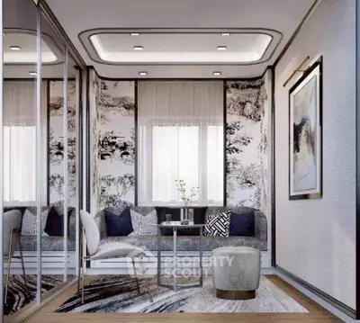 Elegant modern living room with stylish decor and cozy seating area.