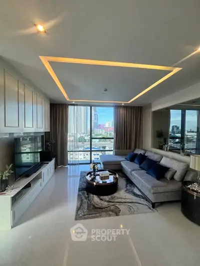 Luxurious living room with modern decor and stunning city view