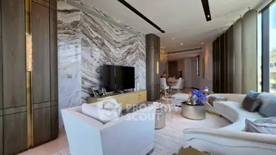 Luxurious modern living room with elegant decor and panoramic city views