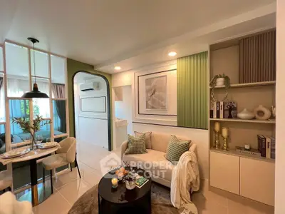 Modern living room with stylish decor and dining area, featuring elegant furniture and ambient lighting.