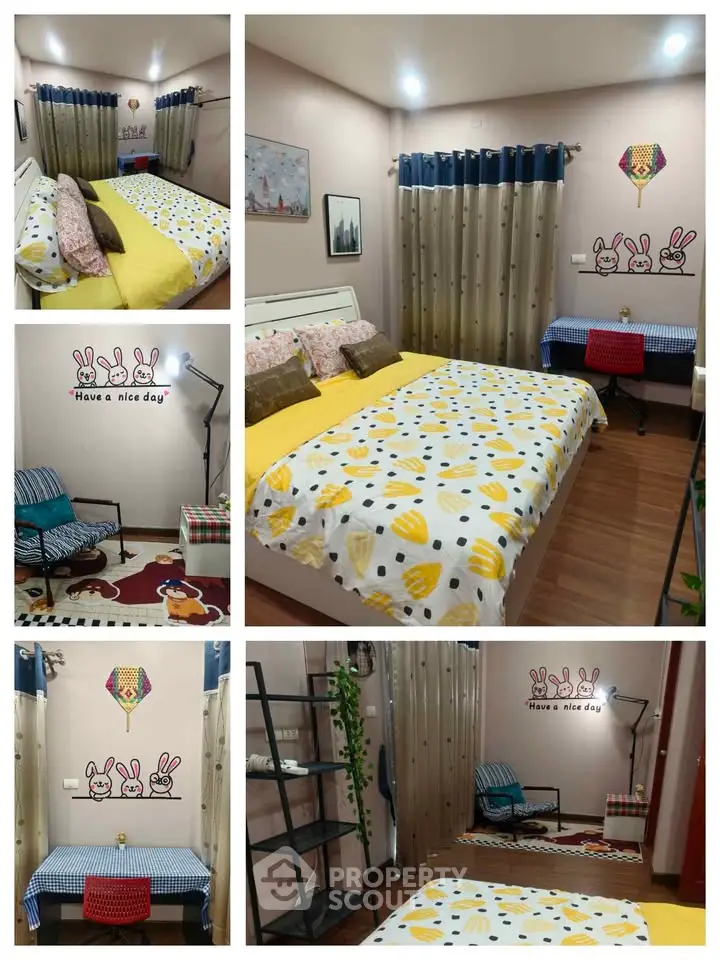 Charming bedroom with playful decor and cozy seating area, perfect for relaxation and comfort.