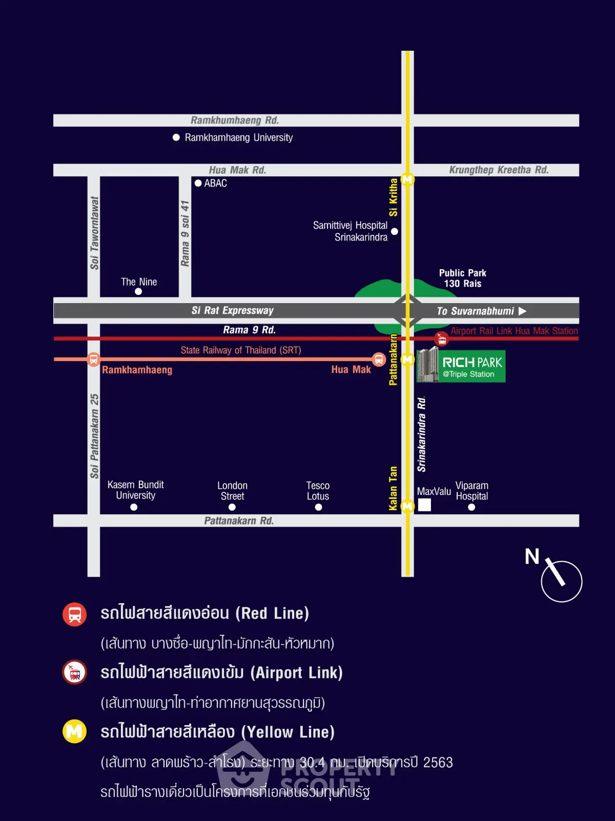 Map showing Rich Park condominium location near public transport lines in Bangkok.