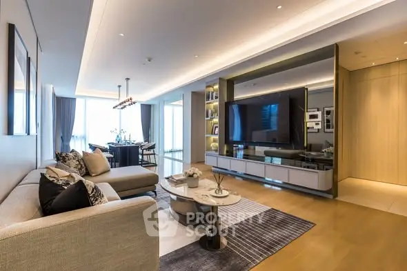 Luxurious modern living room with elegant decor and spacious layout.
