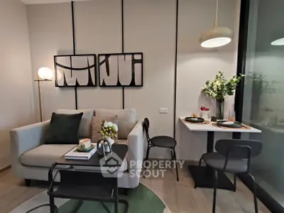 Modern living room with cozy seating and stylish decor