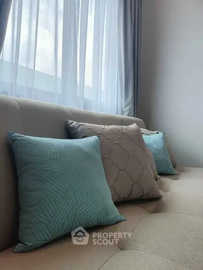 Cozy living room with stylish cushions on a modern sofa by a sunlit window.