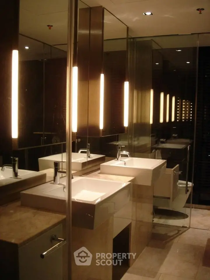 Luxurious modern bathroom with elegant lighting and sleek fixtures