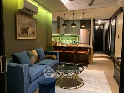 Stylish modern living room with open kitchen and elegant decor