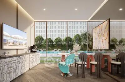 Luxurious modern dining area with pool view, stylish decor, and large windows for natural light.
