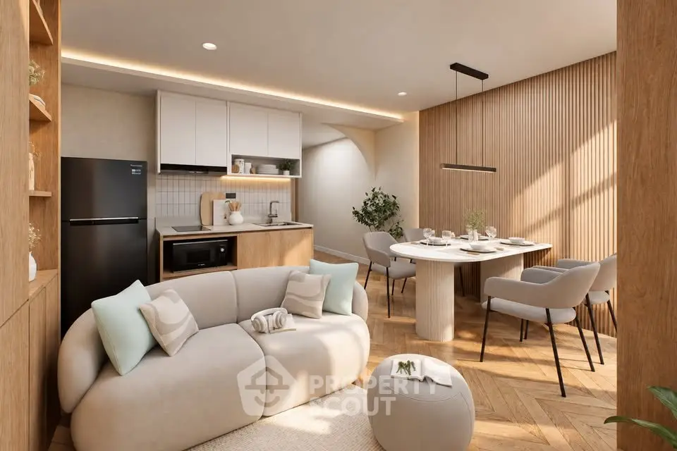 Modern open-plan living room and kitchen with elegant dining area and cozy seating.