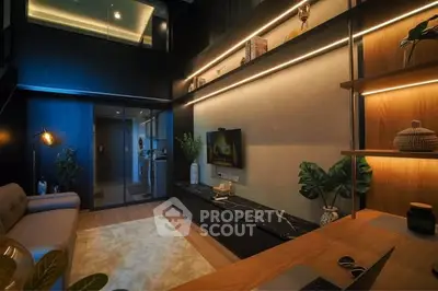 Luxurious modern living room with high ceilings and elegant lighting