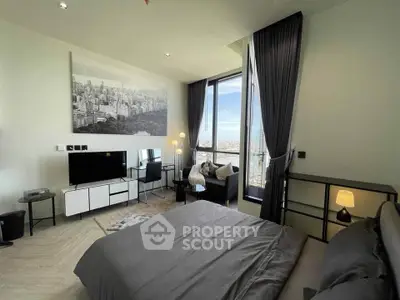 Luxurious modern bedroom with stunning city view and elegant decor
