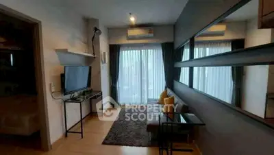 Modern living room with large windows and stylish decor