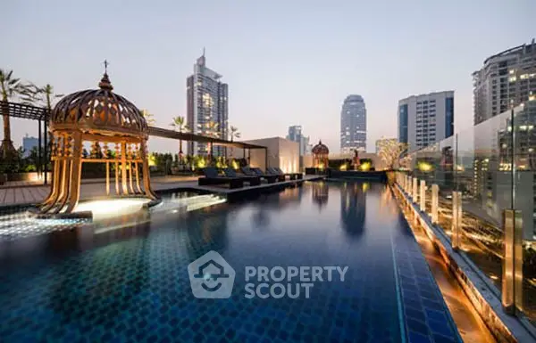 Luxurious rooftop pool with stunning city skyline view at dusk.