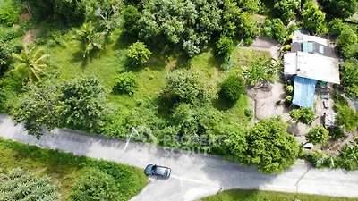 Aerial view of lush green land with a small house and road, ideal for development.