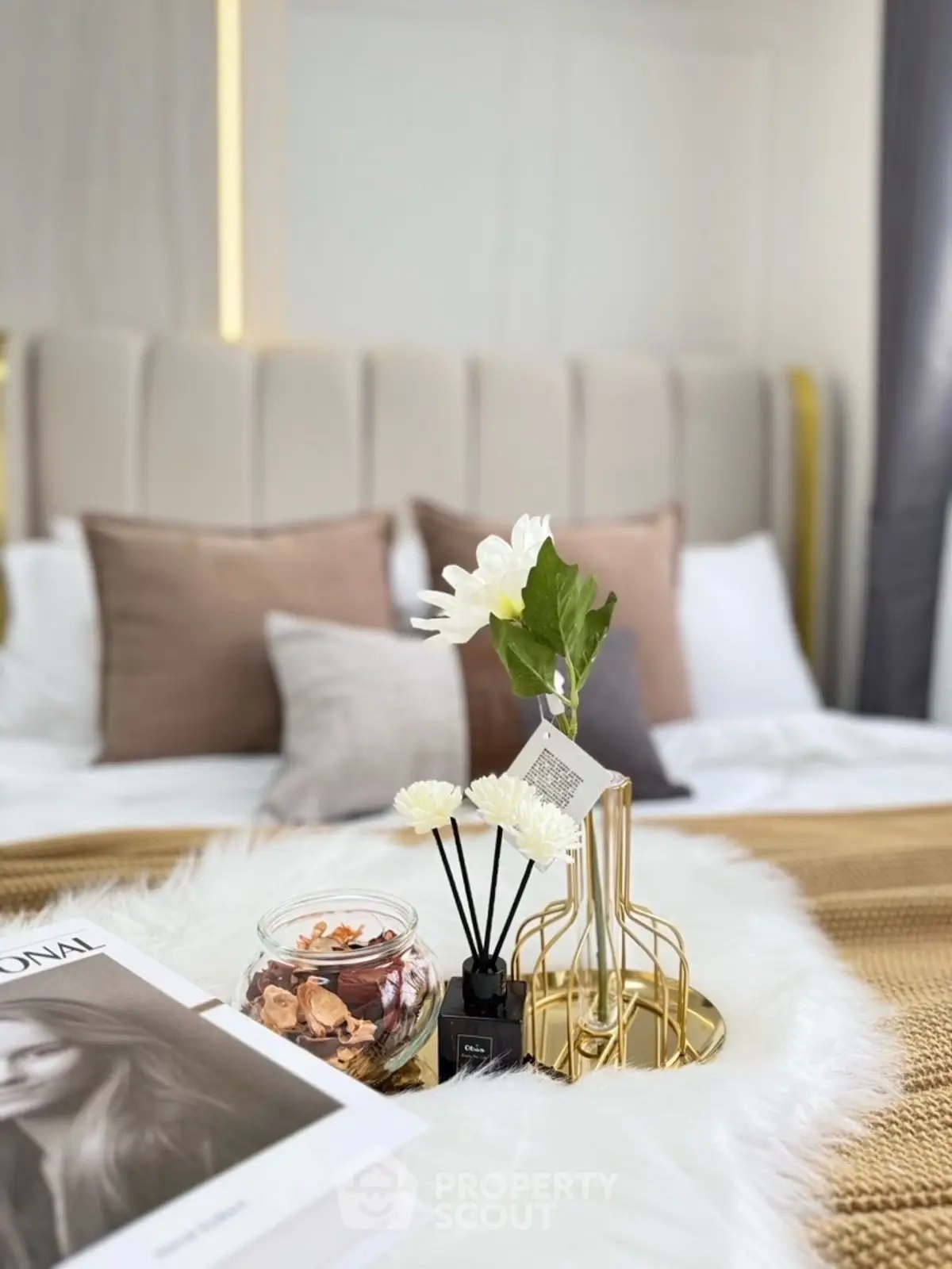 Luxurious bedroom with elegant decor and plush pillows, perfect for relaxation.