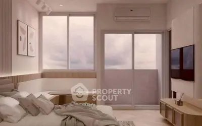 Modern bedroom with large windows and balcony access, featuring stylish decor and natural light.