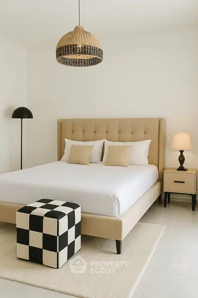 Elegant bedroom with modern decor and stylish lighting, featuring a cozy bed and chic furniture.