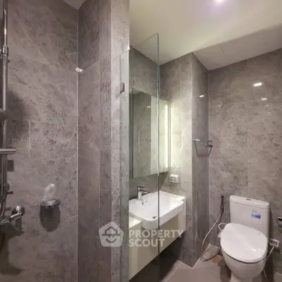 Modern bathroom with sleek design and elegant marble tiles