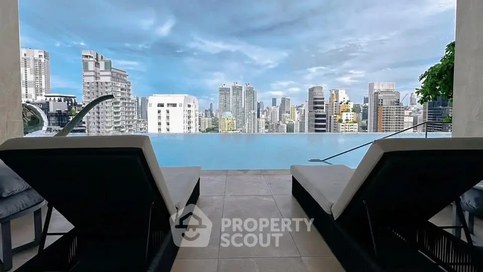 Luxury rooftop pool with stunning city skyline view and modern lounge chairs.