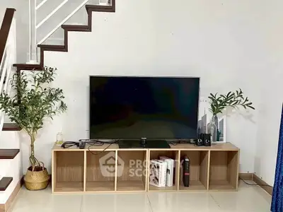 Modern living room with stylish TV stand and indoor plants