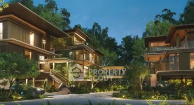 Luxurious modern villas surrounded by lush greenery and serene ambiance at dusk.