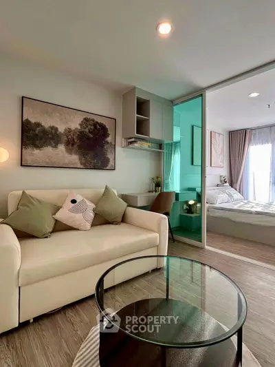 Modern living room with cozy sofa and stylish decor in a contemporary apartment