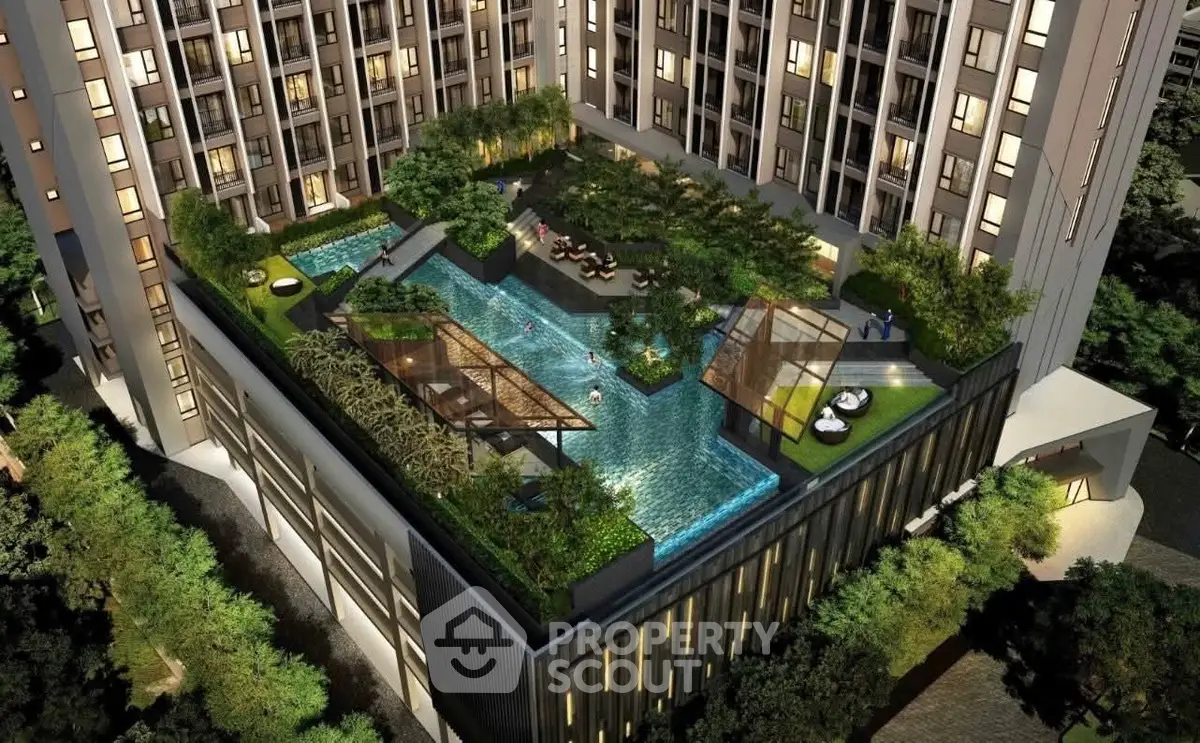 Luxurious rooftop pool with lush greenery in modern apartment complex