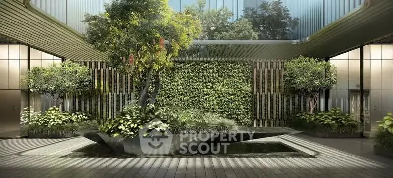 Luxurious modern building entrance with lush greenery and elegant design.
