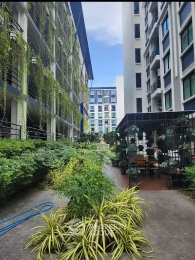 Modern apartment complex with lush greenery and outdoor seating area.