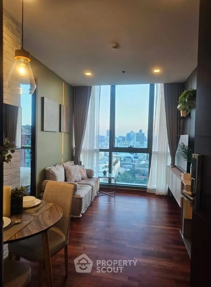 Chic urban living room with stunning city view and modern decor