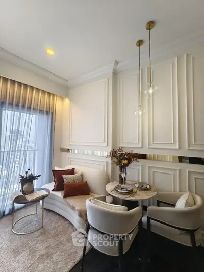 Luxurious living room with elegant decor and city view, perfect for modern urban lifestyle.
