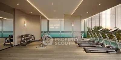 Modern gym with state-of-the-art equipment and pool view in luxury residential complex.