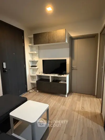 Modern living room with sleek TV unit and stylish shelving